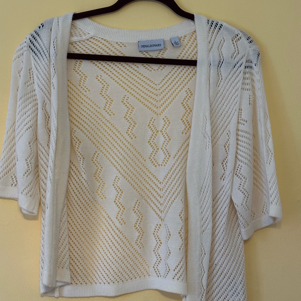 Nina Leonard White Textured Knit Cardigan